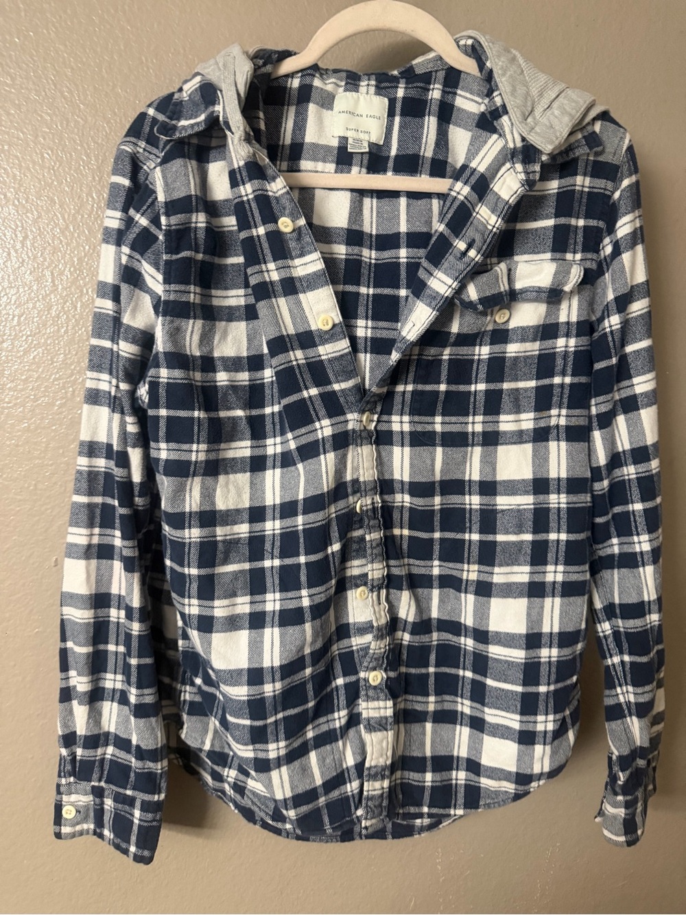 American Eagle Outfitters Navy and White Plaid Hooded Button-Down Shirt